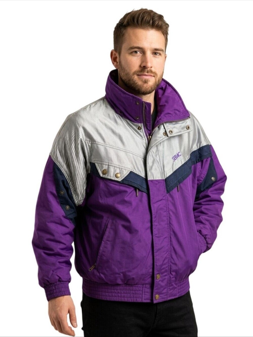 Serac Vintage Ski Snowboard Color Block Purple Gray Navy Jacket Size L